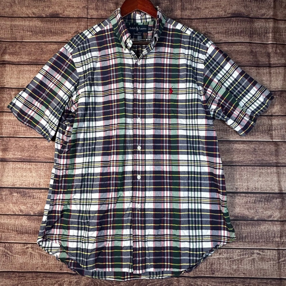 Ralph Lauren Mens Classic Fit Plaid‎ Short Sleeve Button Down Shirt Green Large